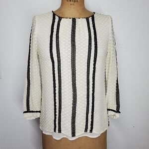 J. Crew Size 2/XS NEW Blouse Cream Silk Black Lace 3/4 Sleeve Polka Dot Lined
